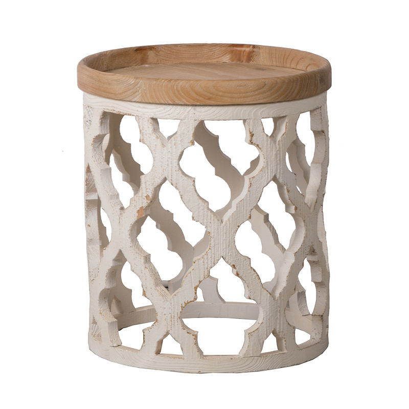 The Stylish Rustic Round Wooden Table features a small, round light wood top and an openwork white base with a geometric lattice pattern—perfect as an accent piece for any room.