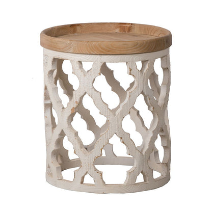 The Stylish Rustic Round Wooden Table features a small, round light wood top and an openwork white base with a geometric lattice pattern—perfect as an accent piece for any room.