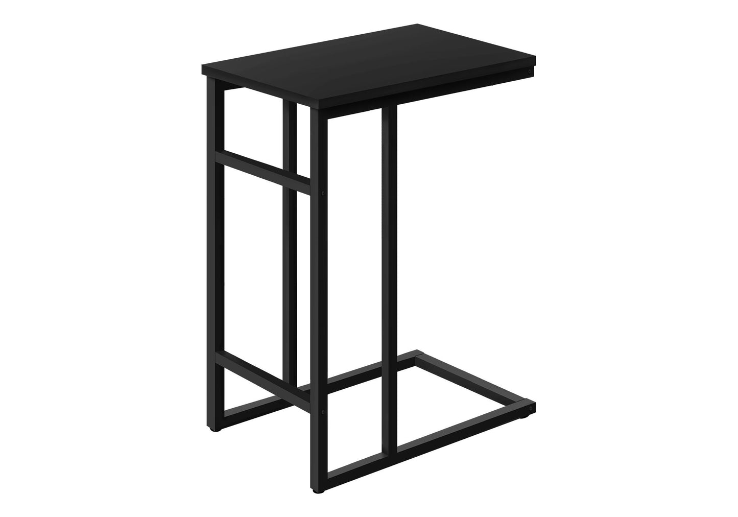 The Accent Table is a contemporary, C-shaped black metal table with a rectangular top and open frame, designed to slide under sofas or chairs for versatile use.