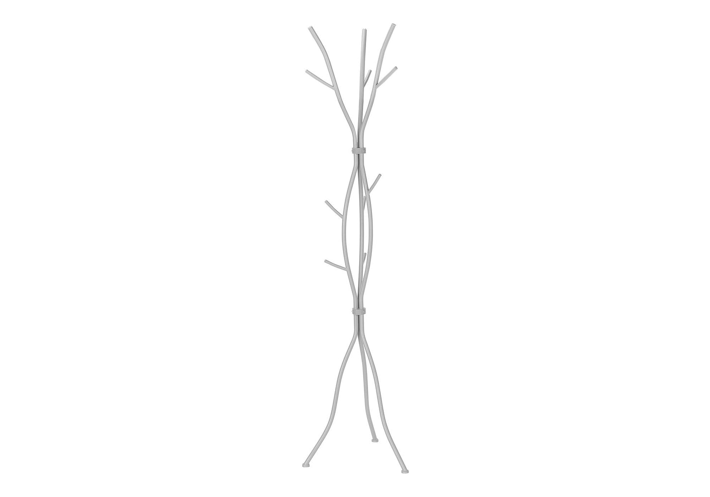 The Coat Rack Hall Tree is a free-standing, contemporary silver metal design with 11 hooks for hanging items, featuring a tall, slender build that's perfect for modern entryways. Set against a plain white background.