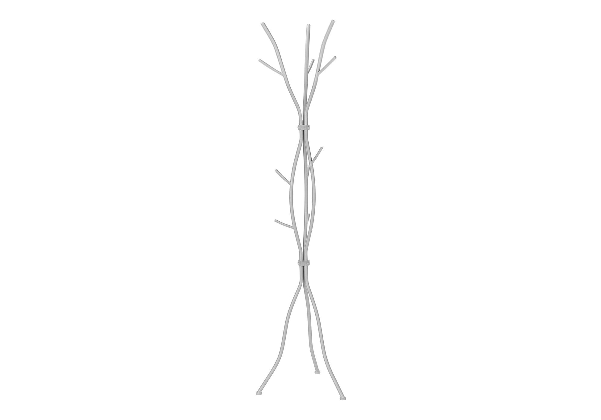 The Coat Rack Hall Tree is a free-standing, contemporary silver metal design with 11 hooks for hanging items, featuring a tall, slender build that's perfect for modern entryways. Set against a plain white background.