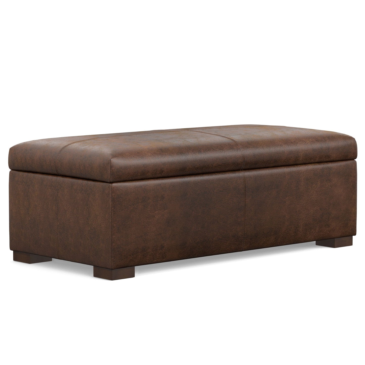 The Gabbie Coffee Table Upholstered Storage Ottoman features a rectangular brown leather design, cushioned top, and short block legs, displayed against a white background.