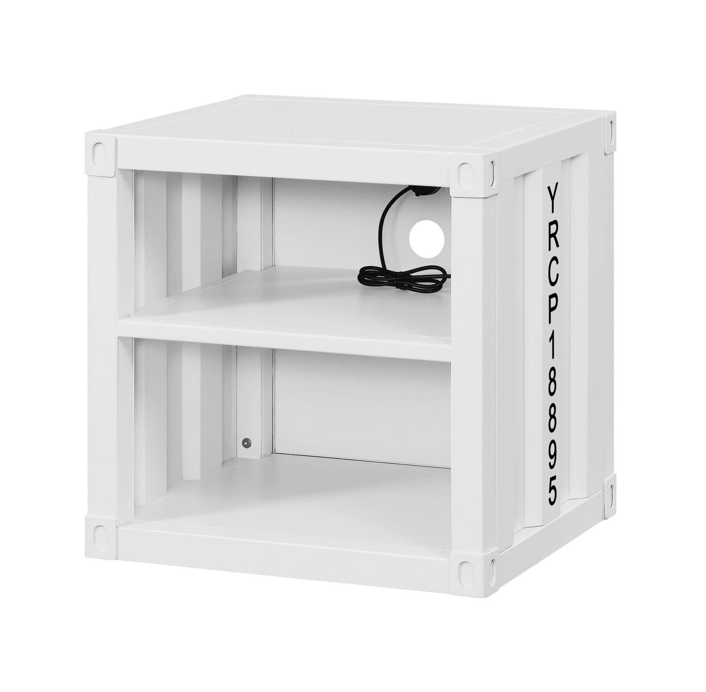 The Cargo - Nightstand With USB is a white, box-shaped unit with two open shelves, a back panel hole for cables, and "YRCP18895" printed vertically on the right side. A black cord is coiled inside the middle shelf.