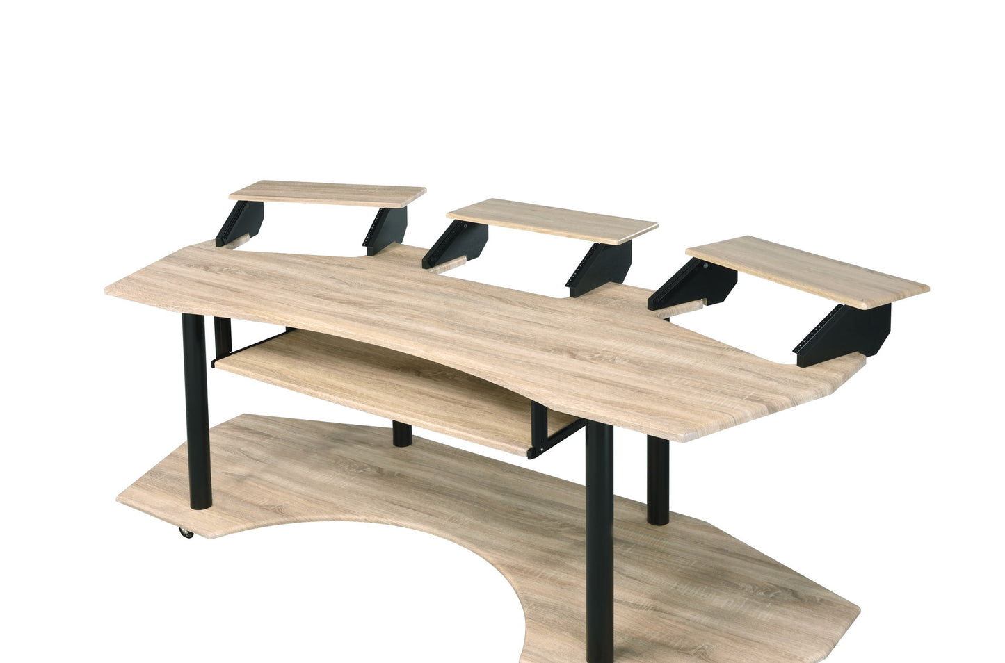 The Eleazar Music Recording Studio Desk features a modern wood design with black metal legs, an upper monitor tier, spacious work surface, lower shelf, and a front curved cut-out—ideal for music production setups.