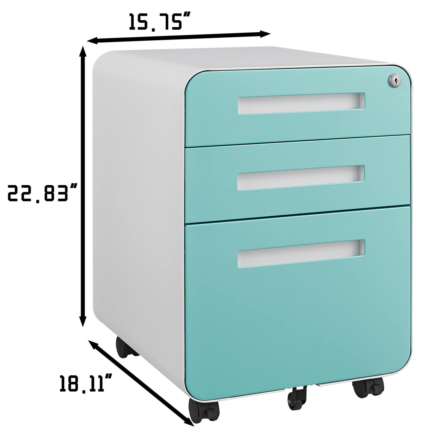 The 3 Drawer Mobile File Cabinet fits under a desk, offers versatile storage for legal, letter, or A4 files, features a lock and cutout handles, measures 15.75"W x 18.11"D x 22.83"H, and has a sturdy 5-wheel anti-tilt design in cold-rolled steel.
