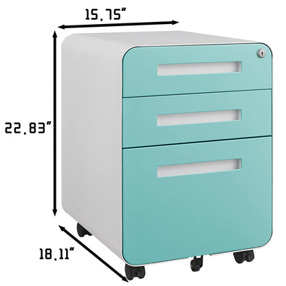 The 3 Drawer Mobile File Cabinet fits under a desk, offers versatile storage for legal, letter, or A4 files, features a lock and cutout handles, measures 15.75"W x 18.11"D x 22.83"H, and has a sturdy 5-wheel anti-tilt design in cold-rolled steel.