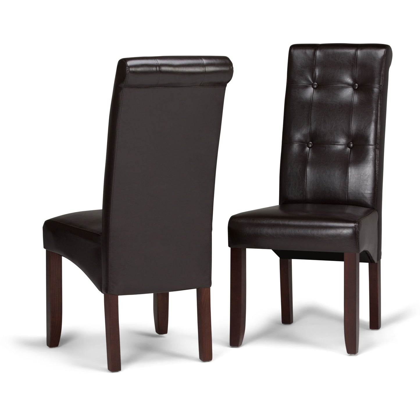 The Cosmopolitan Deluxe Tufted Parson Upholstered Chair set includes two dark brown faux leather dining chairs with high tufted backs and wooden legs, displayed from multiple angles against a white background.