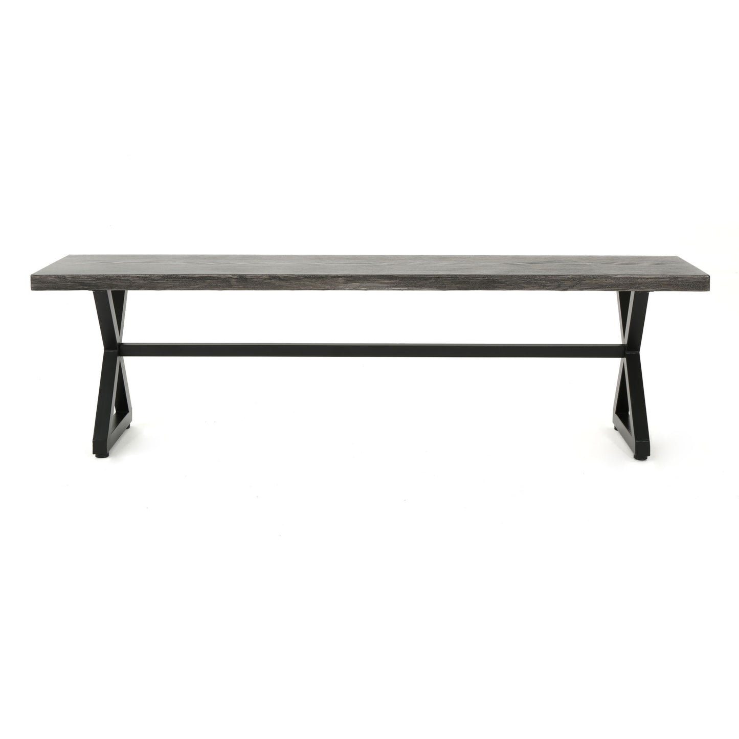 The Modern Aluminum Outdoor Dining Bench With X Base features a sleek, minimalist design with a dark finish and sturdy metal X-shaped legs connected by a support bar.