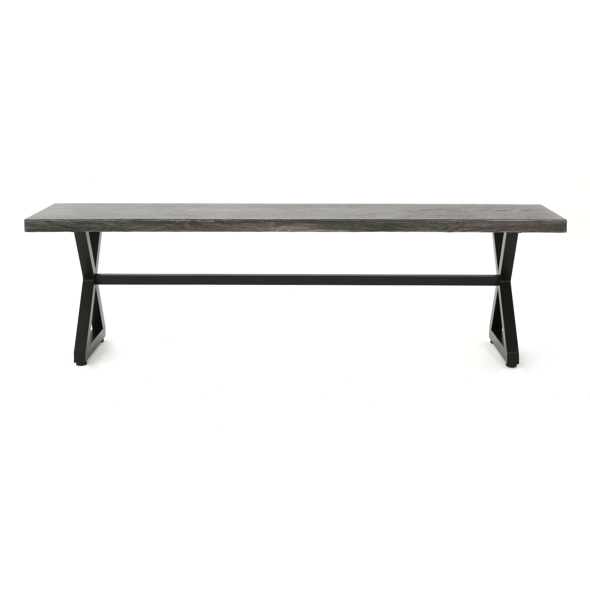 The Modern Aluminum Outdoor Dining Bench With X Base features a sleek, minimalist design with a dark finish and sturdy metal X-shaped legs connected by a support bar.