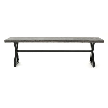 The Modern Aluminum Outdoor Dining Bench With X Base features a sleek, minimalist design with a dark finish and sturdy metal X-shaped legs connected by a support bar.