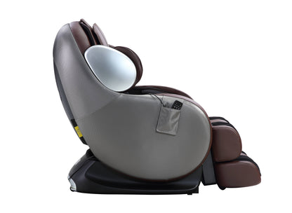 The Pacari Synthetic Leather Power 2D Massage Chair, in brown and gray, is shown side view on a white background with padded headrest, armrests, and footrest for comfort.
