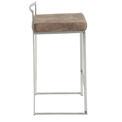 Side view of the Fuji - Contemporary Elegant Stackable Counter Stool, featuring a square brown cushioned seat and a sleek silver metal frame with minimal back support.
