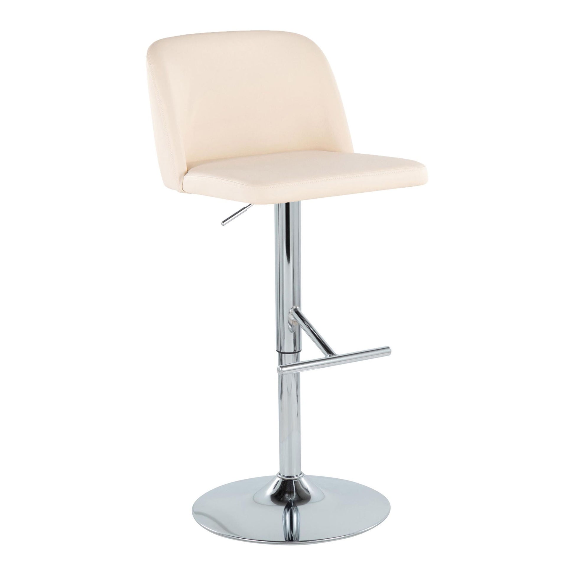 The Toriano Contemporary Adjustable Barstool (Set of 2) features a cream cushioned seat and back, chrome base, swivel function, straight T footrest, and adjustable height lever for modern comfort.