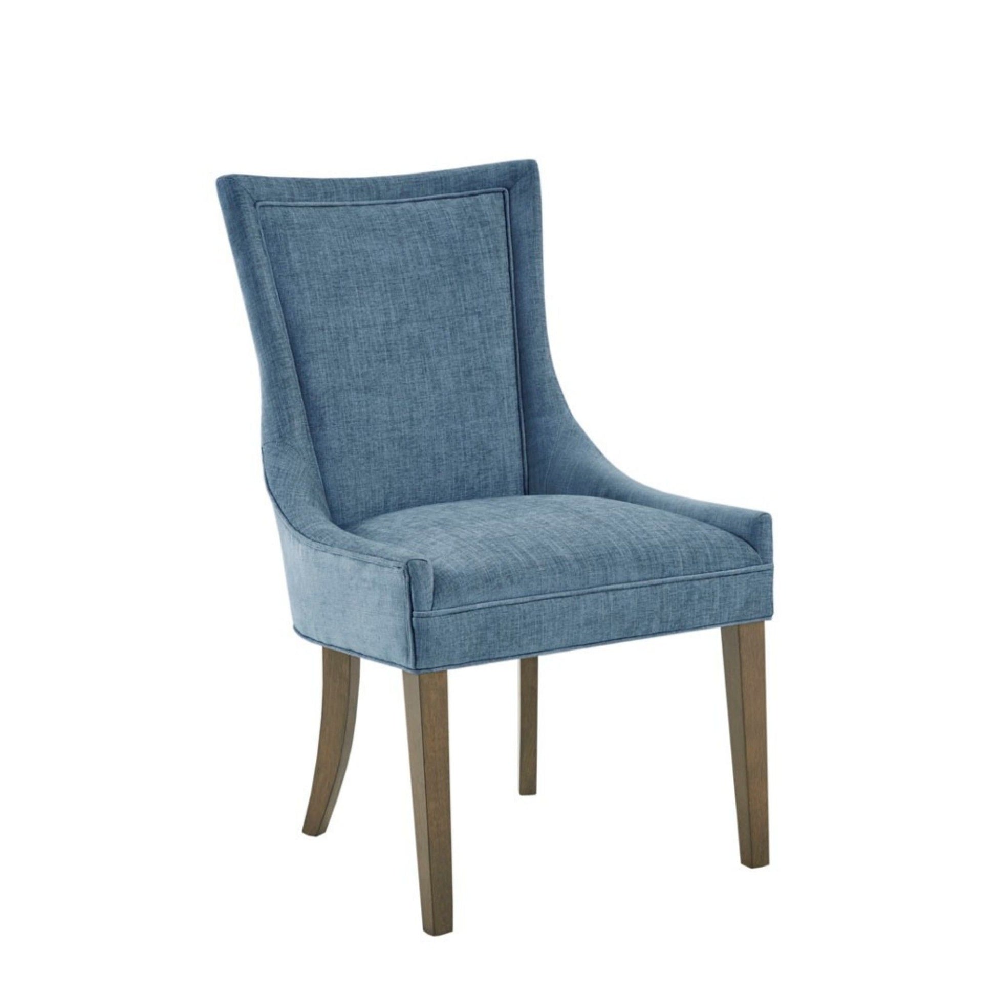 The Ultra - Elegant Dining Side Chair (Set of 2) features blue upholstered fabric, a modern curved backrest, and four wooden legs with two gently splayed for added style.
