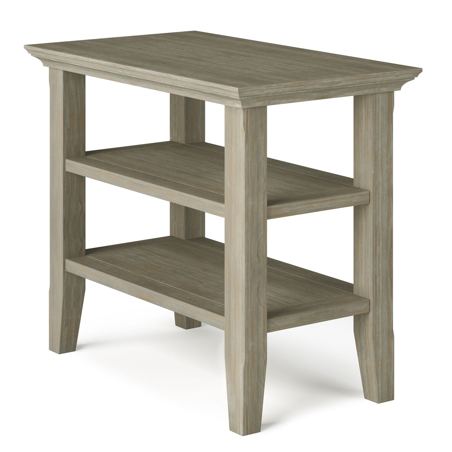 The Acadian - Narrow Side Table, Handcrafted, features a light brown finish, rectangular top, two open storage shelves, four straight legs, and a simple rustic design.