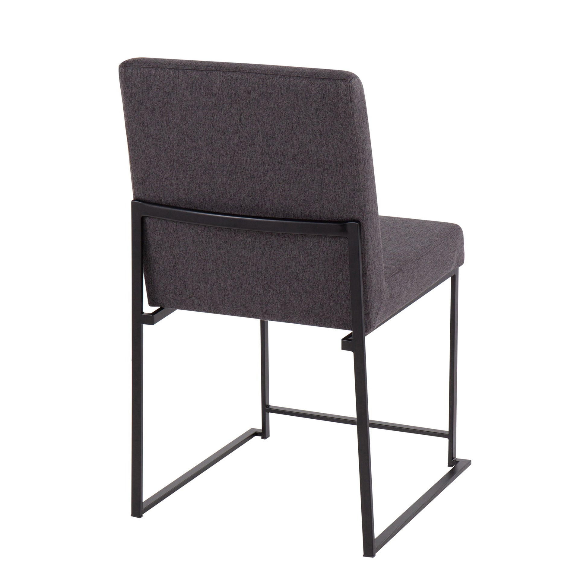 The Fuji High Back Dining Chair (Set of 2) features a dark gray upholstered seat and backrest with a sleek black metal frame and sled-style legs, shown from a rear side angle against a white background.