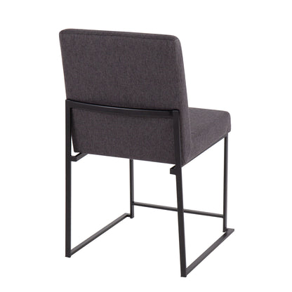 The Fuji High Back Dining Chair (Set of 2) features a dark gray upholstered seat and backrest with a sleek black metal frame and sled-style legs, shown from a rear side angle against a white background.