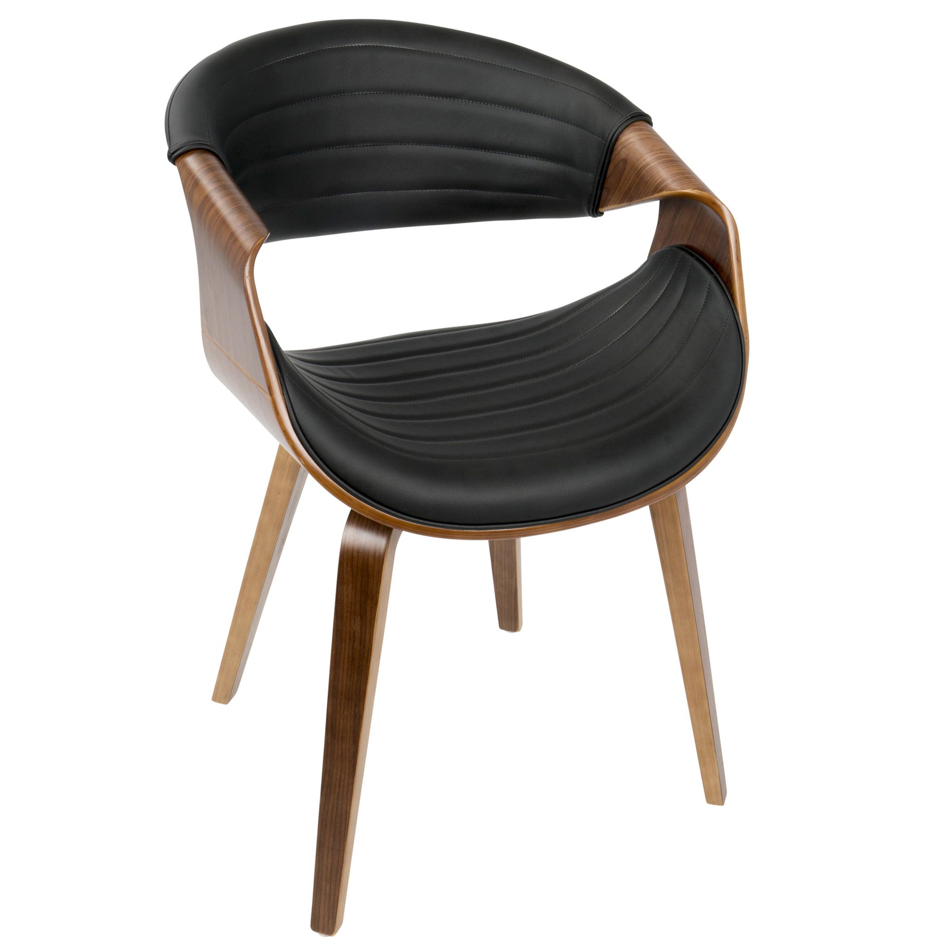 The Symphony - Mid Century Modern Dining Chair features a curved wooden frame, black padded seat and backrest, and four angled wooden legs for a sleek, contemporary look.