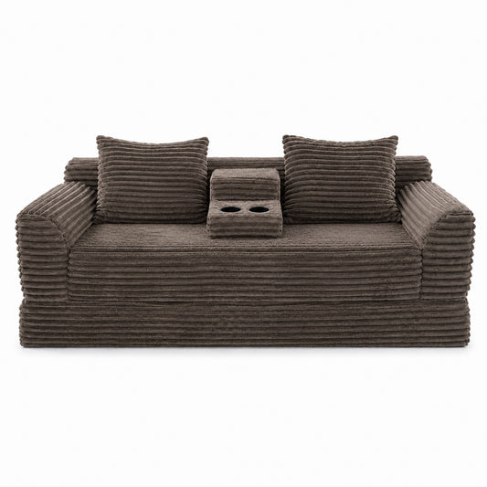 Soft Striped Convertible Sofa Bed, Dual Use Lounge Couch With Cup Holders And Pillows