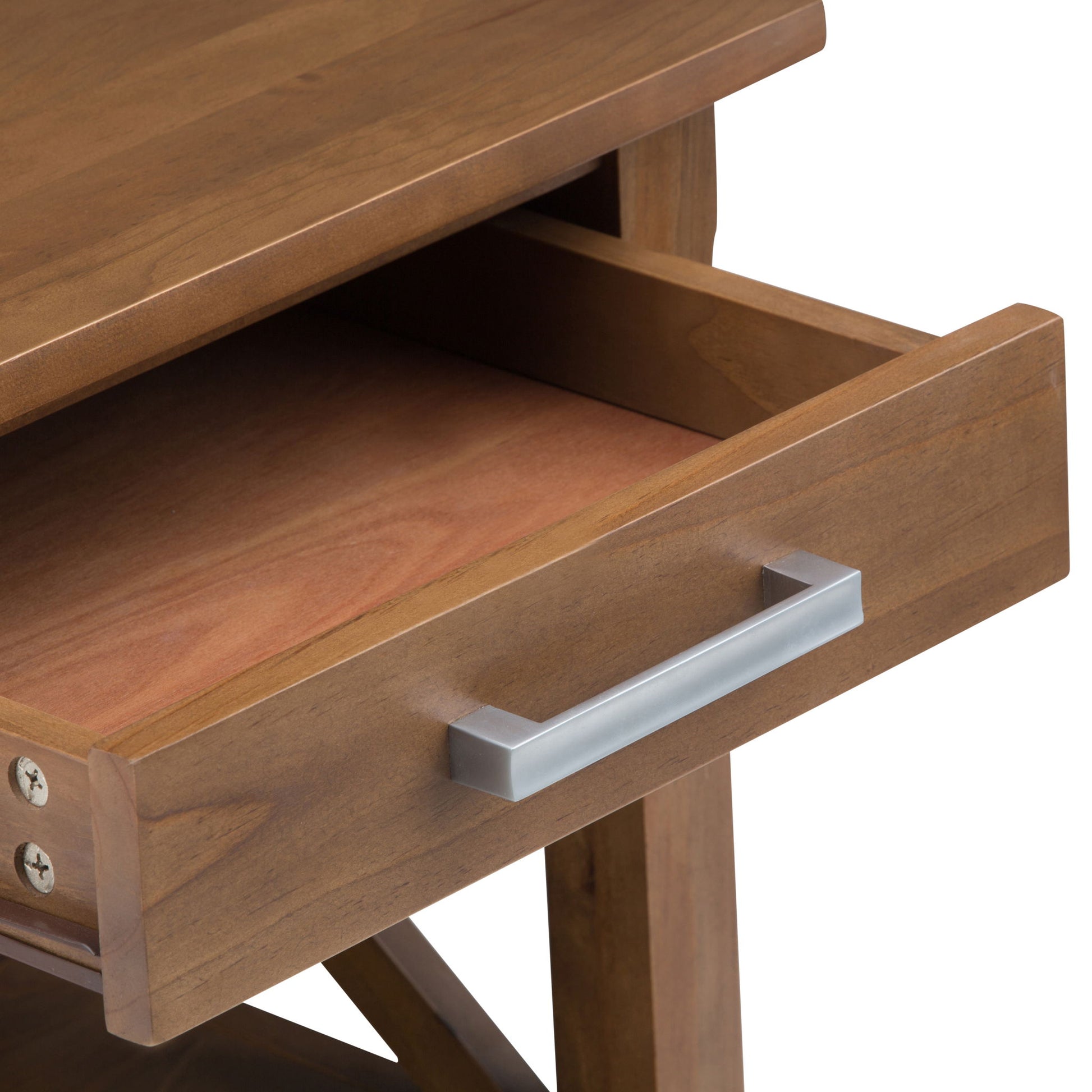 A close-up of the Kitchener End Table in Medium Saddle Brown shows an open, empty drawer with a silver handle and a smooth light brown wood finish.