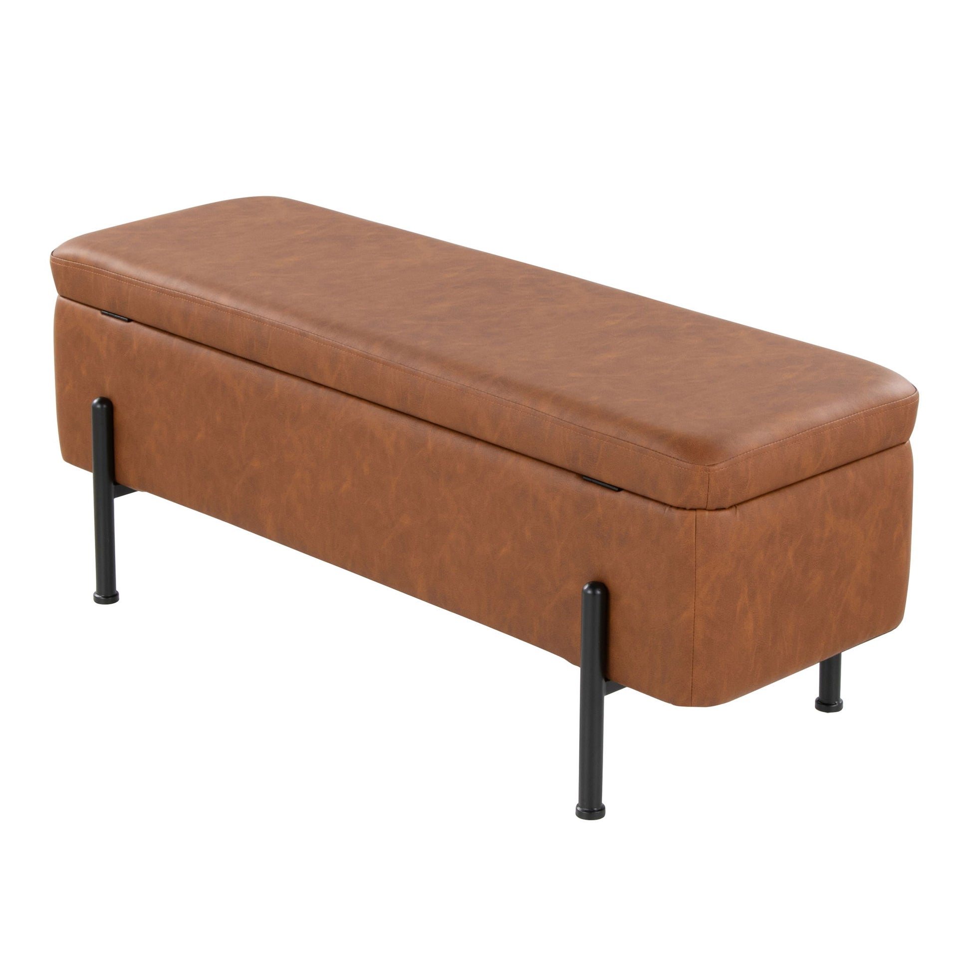 The Daniella Contemporary Storage Bench in black and camel features a rectangular upholstered seat with four black metal legs and a simple, modern design.