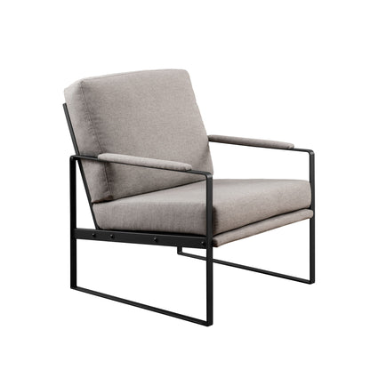 The Contemporary Square Metal Frame Accent Chair features a minimalist black metal frame, light gray cushioned seat and back, slim straight armrests, and a simple contemporary design.