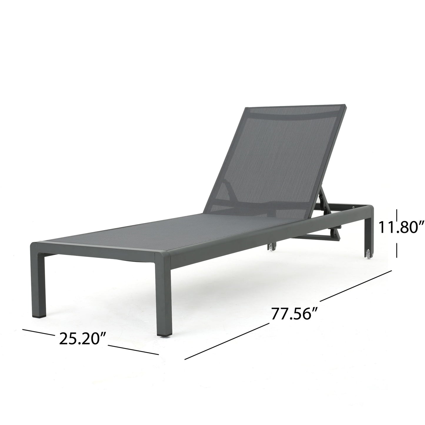 The Outdoor Patio Chaise Lounge With 5 Reclining Positions features a dark metal frame, mesh seat, adjustable backrest, and measures 77.56"L x 25.20"W x 11.80"H—perfect for modern outdoor comfort.