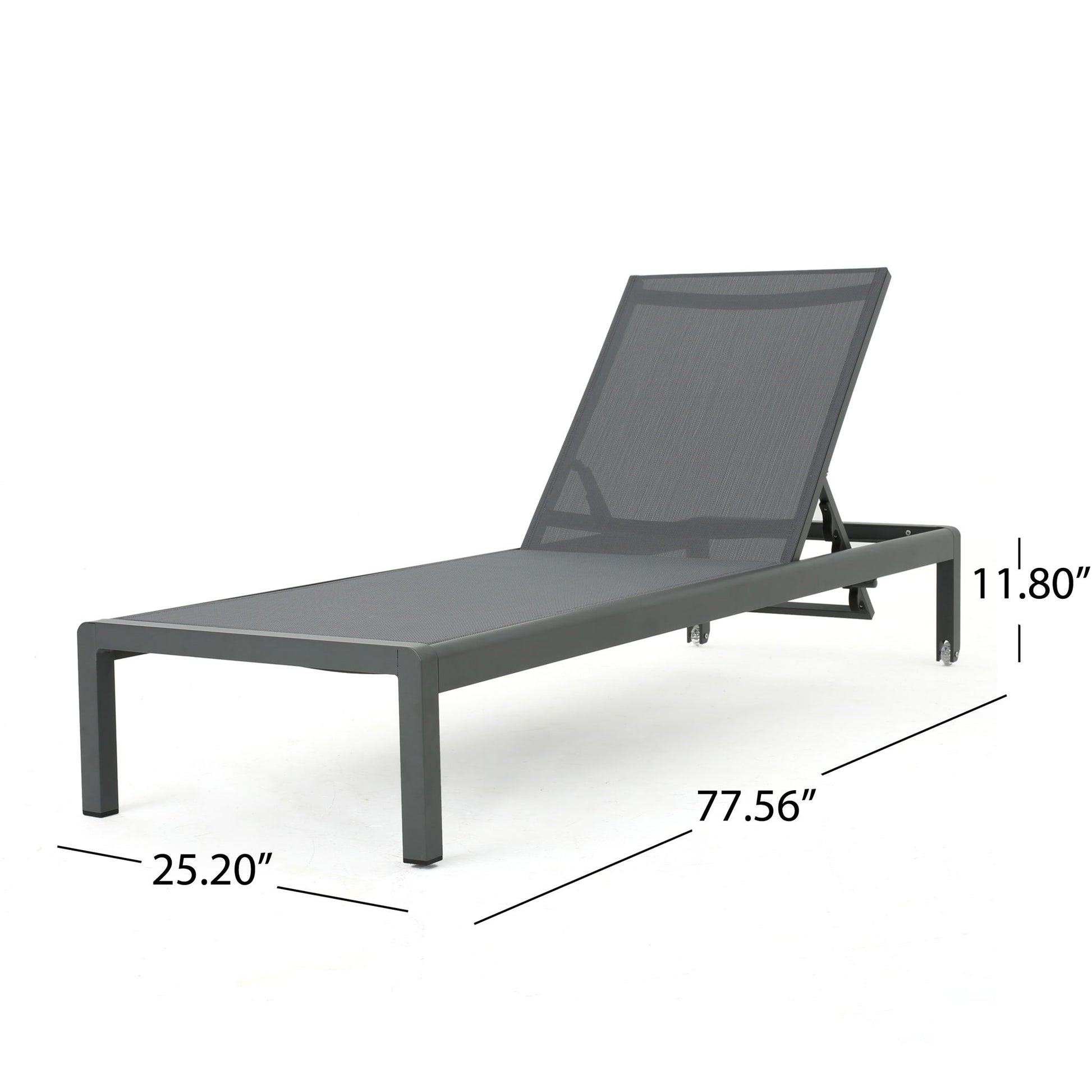 The Outdoor Patio Chaise Lounge With 5 Reclining Positions features a dark metal frame, mesh seat, adjustable backrest, and measures 77.56"L x 25.20"W x 11.80"H—perfect for modern outdoor comfort.