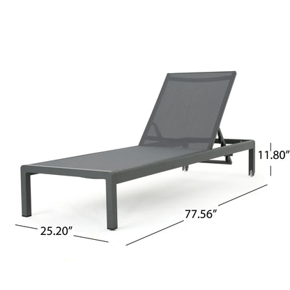 The Outdoor Patio Chaise Lounge With 5 Reclining Positions features a dark metal frame, mesh seat, adjustable backrest, and measures 77.56"L x 25.20"W x 11.80"H—perfect for modern outdoor comfort.