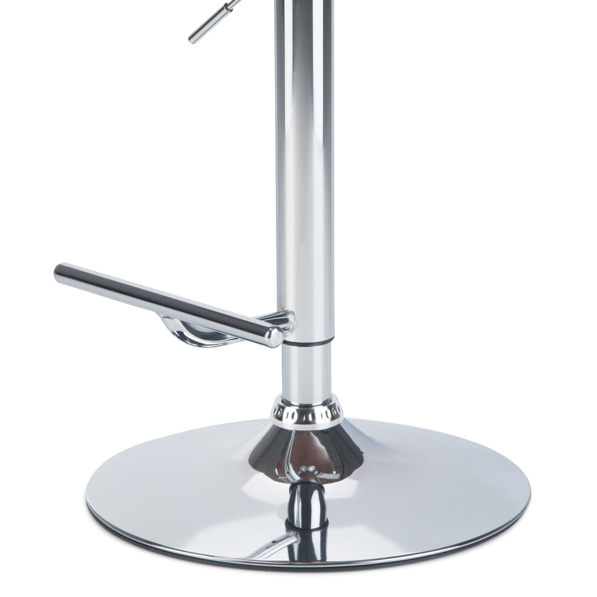Close-up of the Marana Multifunctional Handcrafted Bentwood Adjustable Swivel Bar Stool’s sleek chrome base, featuring a shiny circular bottom, vertical pole, and horizontal footrest. The modern design is both stylish and reflective.
