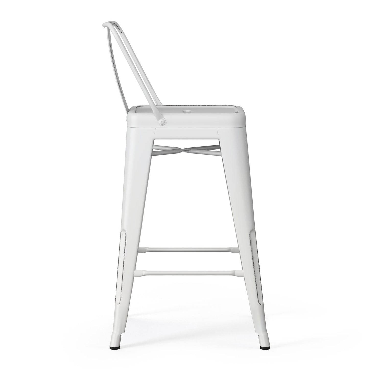 The Rayne - Curved Back Metal Stool (Set of 2) features a modern design with a high backrest and four straight legs, shown in profile view against a plain white background.