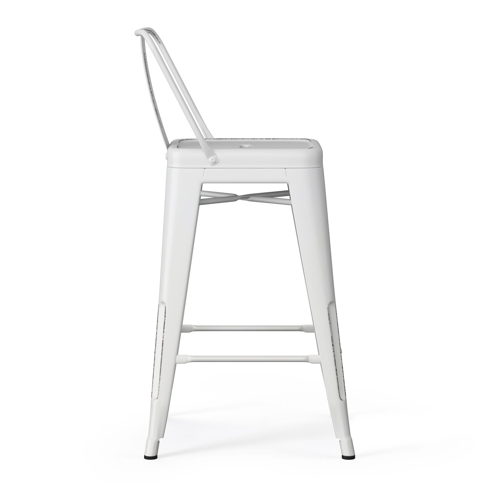 The Rayne - Curved Back Metal Stool (Set of 2) features a modern design with a high backrest and four straight legs, shown in profile view against a plain white background.