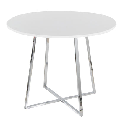 The Cosmo - Canary Contemporary Dining Table features a modern round white top with sleek chrome metal legs that cross at the base.