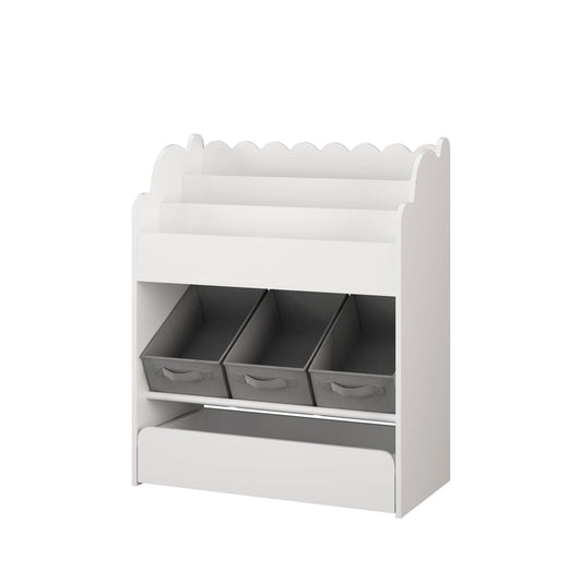 Bookshelf With Storage Bins And Drawer, Multi Functional Book Organizer For Toddlers - White