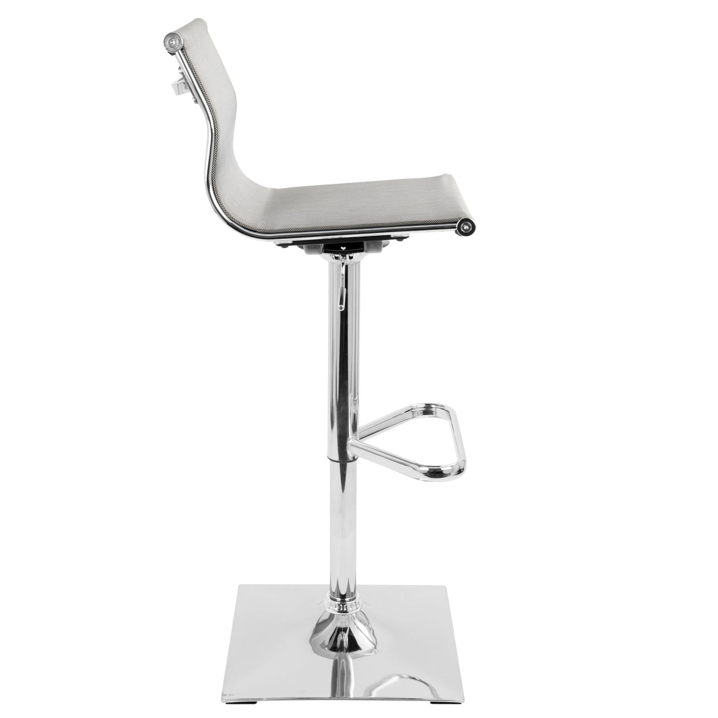 Side view of the Mirage - Contemporary Adjustable Barstool With Swivel featuring a gray cushioned seat, chrome adjustable base, integrated footrest, and square metal base.