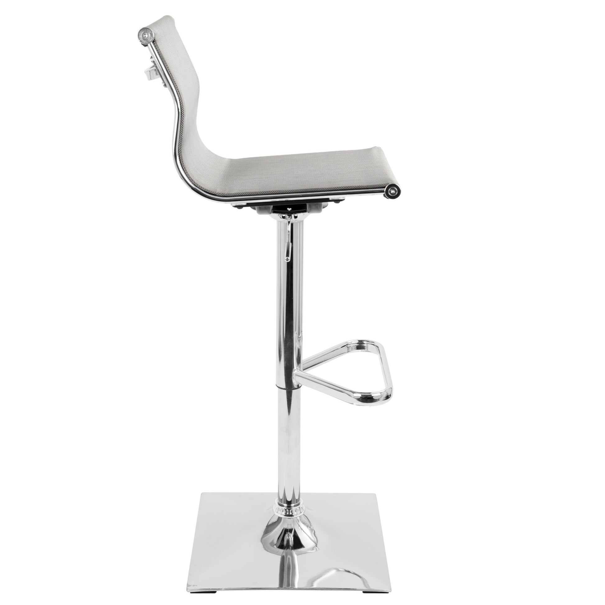 Side view of the Mirage - Contemporary Adjustable Barstool With Swivel featuring a gray cushioned seat, chrome adjustable base, integrated footrest, and square metal base.