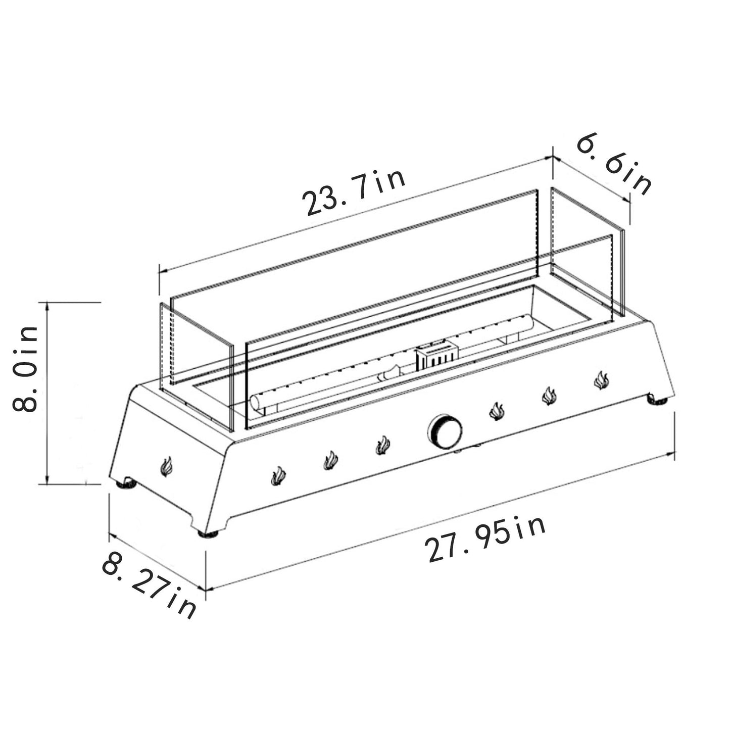 Line drawing of the 28" Tabletop Fire Pit—Propane, with glass wind guard and lava rock, showing labeled dimensions: 27.95"W x 8.27"D x 8"H; glass guard measures 23.7"L x 6.6"H; features quick connect joint and portable black design.