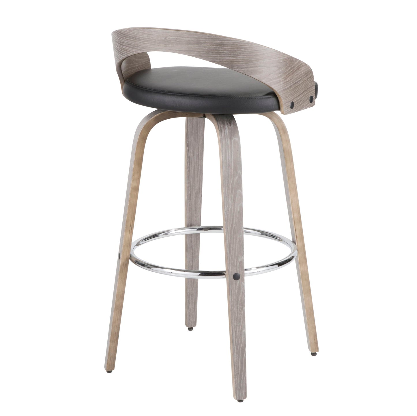 The Grotto - Mid-Century Modern Stool (Set of 2) features a curved wooden backrest, black cushioned seat, four light wood legs, and a circular chrome footrest.