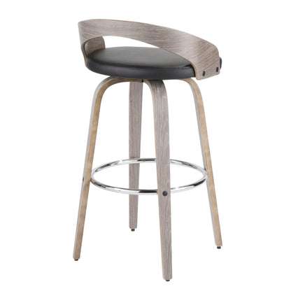 The Grotto - Mid-Century Modern Stool (Set of 2) features a curved wooden backrest, black cushioned seat, four light wood legs, and a circular chrome footrest.