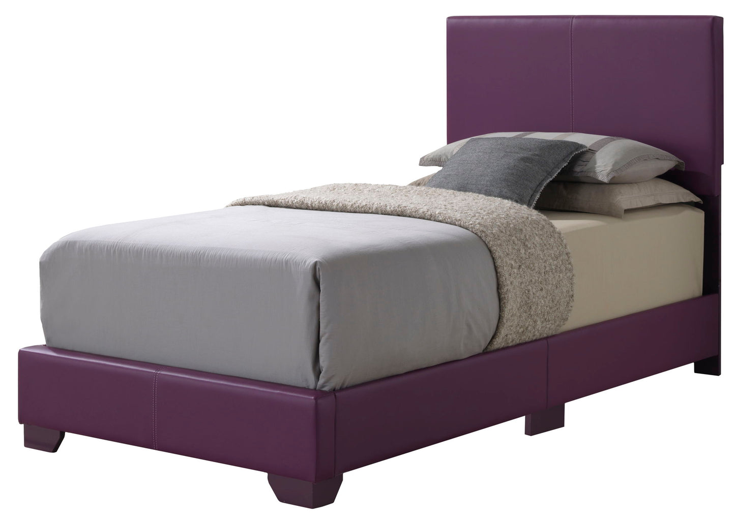 The Elegant Platform Bed For Relaxed Spaces features a purple upholstered frame and headboard, light gray bedding, a beige blanket, and layered gray and beige pillows for a modern look.