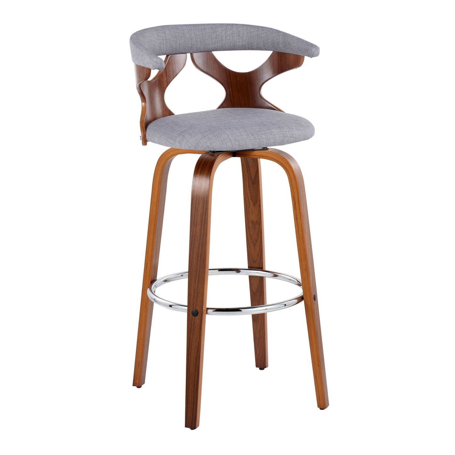 The Gardenia Mid Century Modern Barstool (Set of 2) features a curved wooden frame, light gray cushioned seat and backrest, four angled wooden legs, and a round metal footrest.
