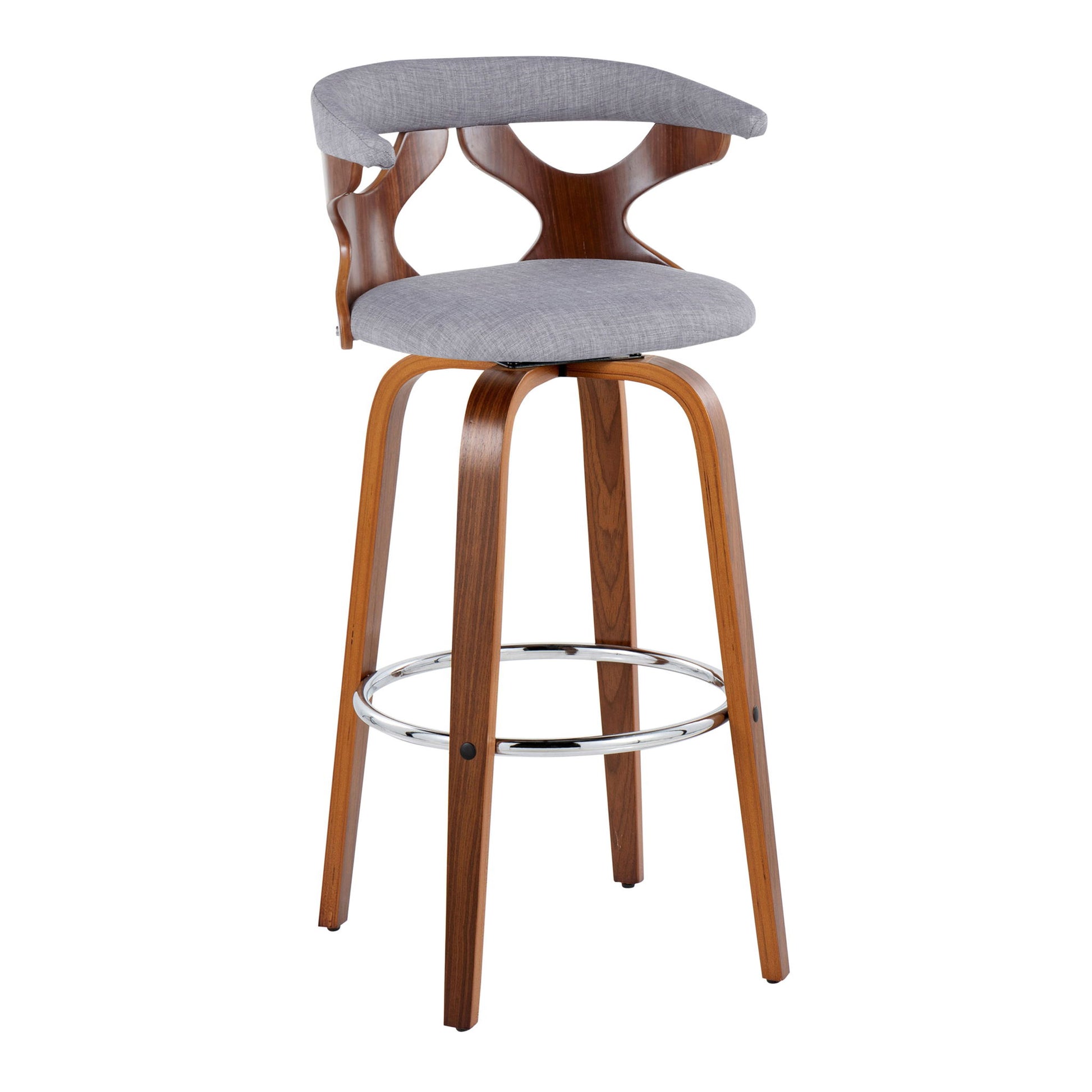 The Gardenia Mid Century Modern Barstool (Set of 2) features a curved wooden frame, light gray cushioned seat and backrest, four angled wooden legs, and a round metal footrest.