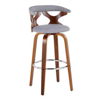 The Gardenia Mid Century Modern Barstool (Set of 2) features a curved wooden frame, light gray cushioned seat and backrest, four angled wooden legs, and a round metal footrest.