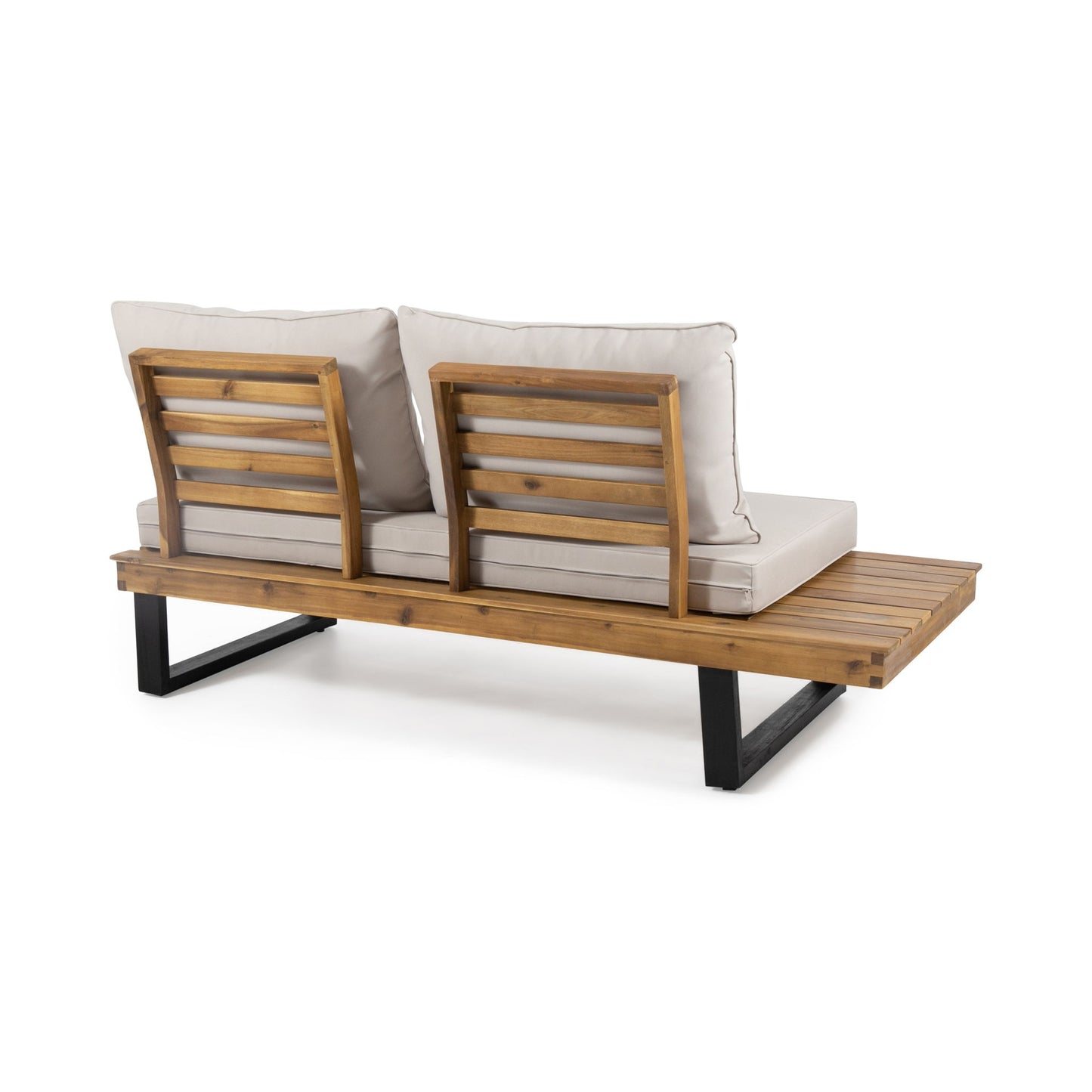 The Sebastian - 2 Seater Sofa features a modern wooden frame, two beige cushioned seats, slatted wood backrests, and black metal legs, shown on a white background.