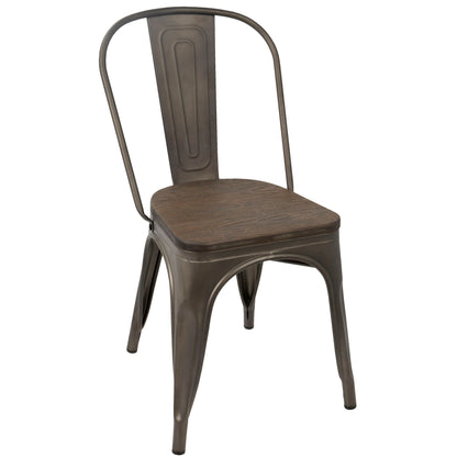 The Oregon - Industrial Farmhouse Stackable Dining Chair (Set of 2) features a metal frame with a curved backrest, rectangular wooden seat, four legs, and a minimalist industrial design.