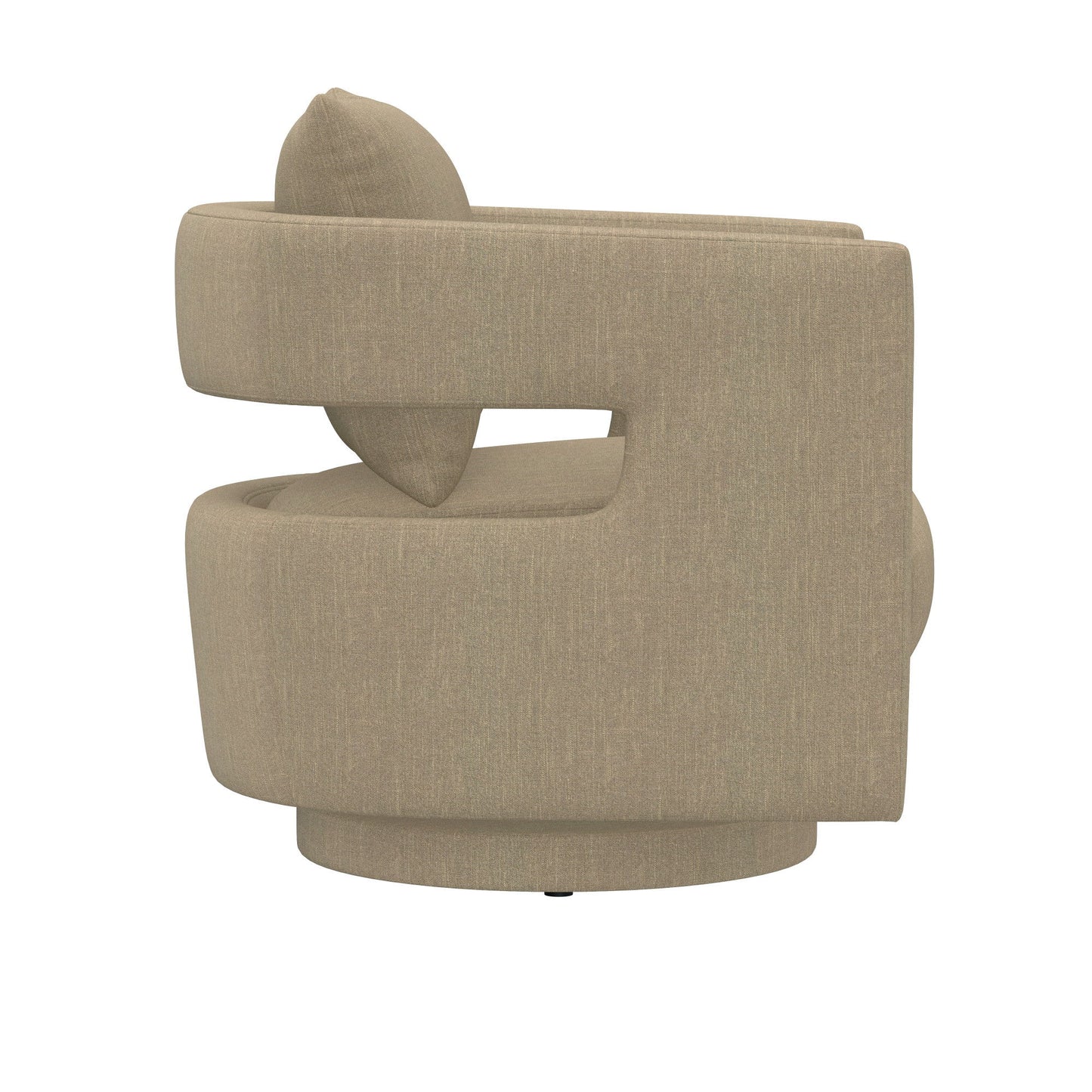 Side view of the Supe - Swivel Chair, a modern beige upholstered seat with a rounded back, curved armrests, and plush cushion on a circular base, displayed against a white background.