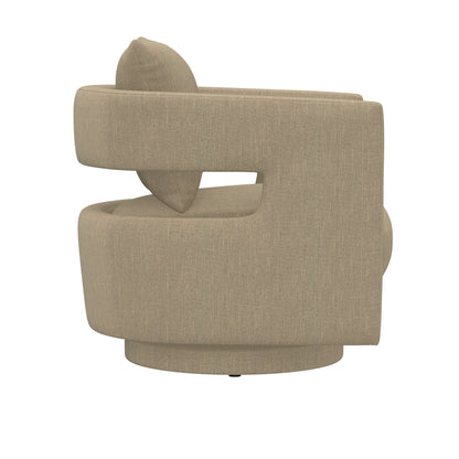 Side view of the Supe - Swivel Chair, a modern beige upholstered seat with a rounded back, curved armrests, and plush cushion on a circular base, displayed against a white background.