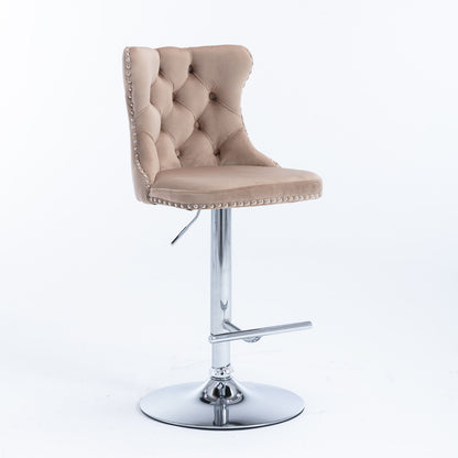 The Swivel Velvet Barstools (Set of 2) feature tufted beige velvet seats with silver studs, adjustable height (25-33"), chrome pedestal base, and footrest—perfect modern seating for your home pub or kitchen island.