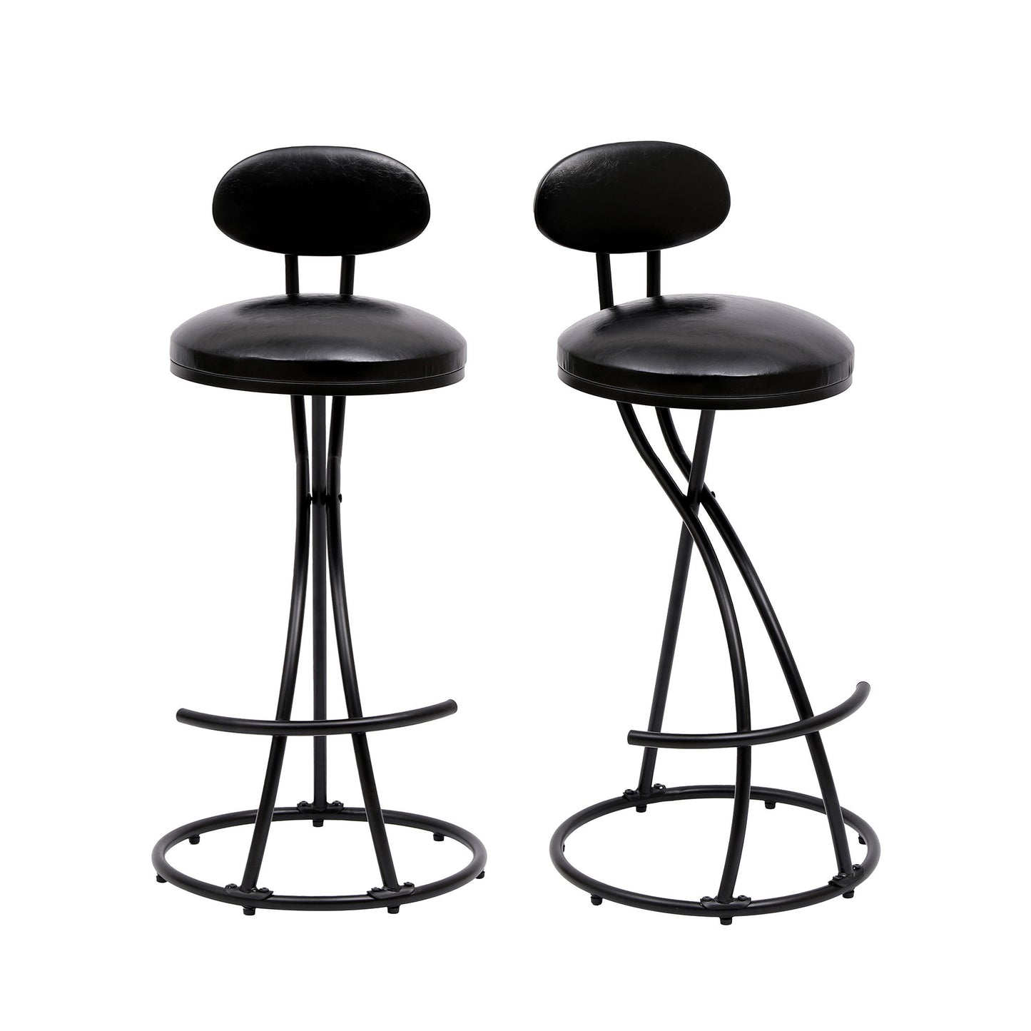 Set of 2 modern PU leather bar stools with round cushioned seats, small backrests, and metal frames featuring curved intersecting legs and circular footrests—perfect upholstered counter height chairs for your kitchen island.