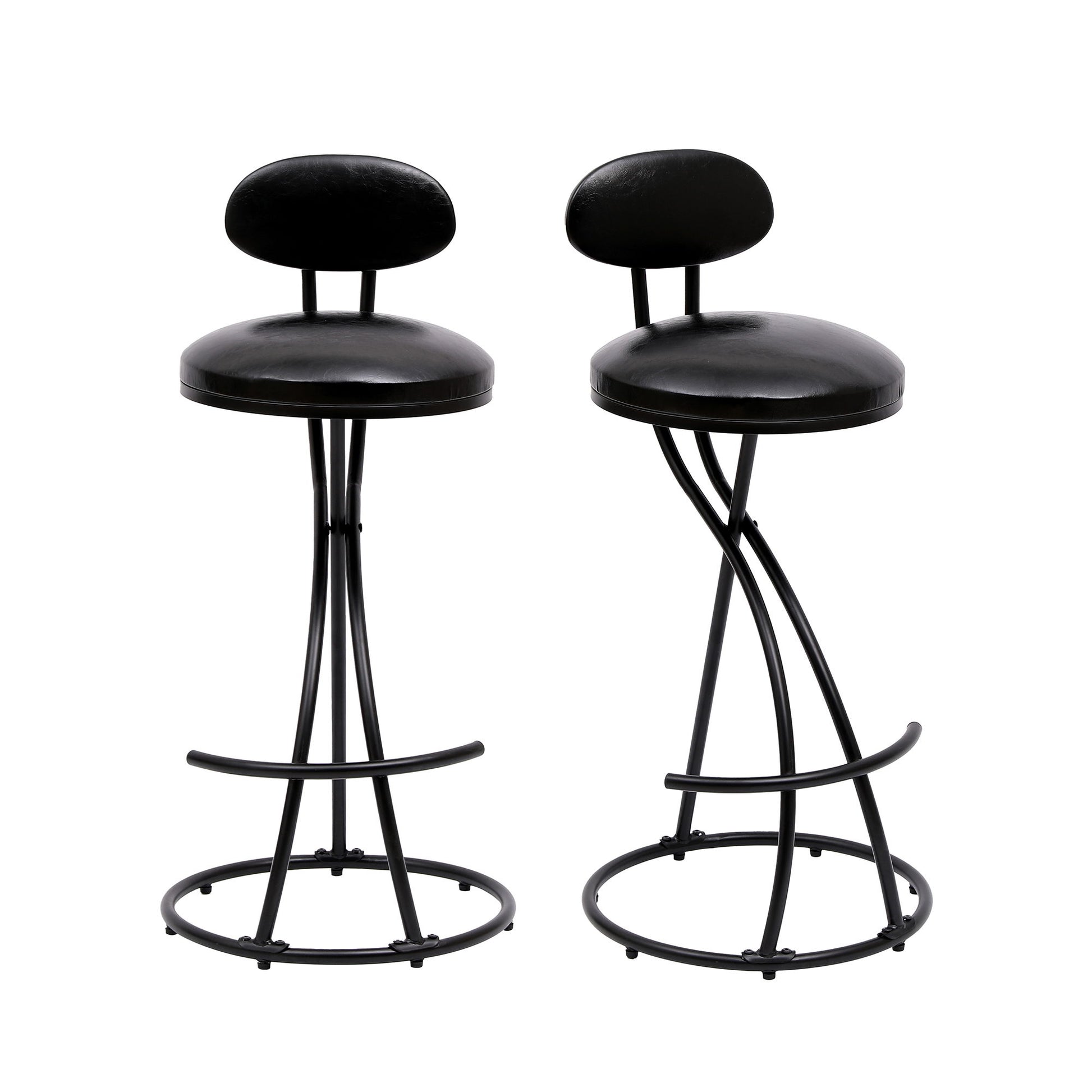 Set of 2 modern PU leather bar stools with round cushioned seats, small backrests, and metal frames featuring curved intersecting legs and circular footrests—perfect upholstered counter height chairs for your kitchen island.
